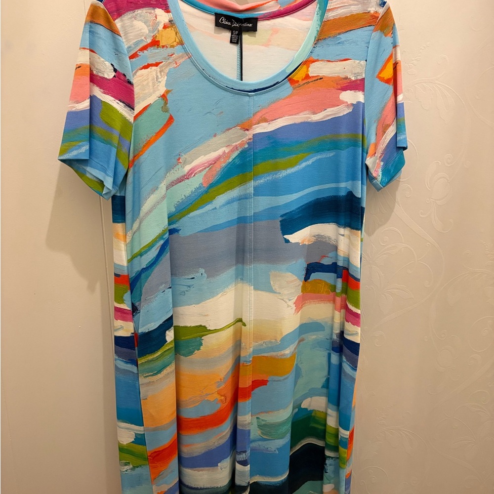 Claire Dejardin Blue Coral SS Multi-Color Scoop Neck pocket Dress NWT S Canadian
